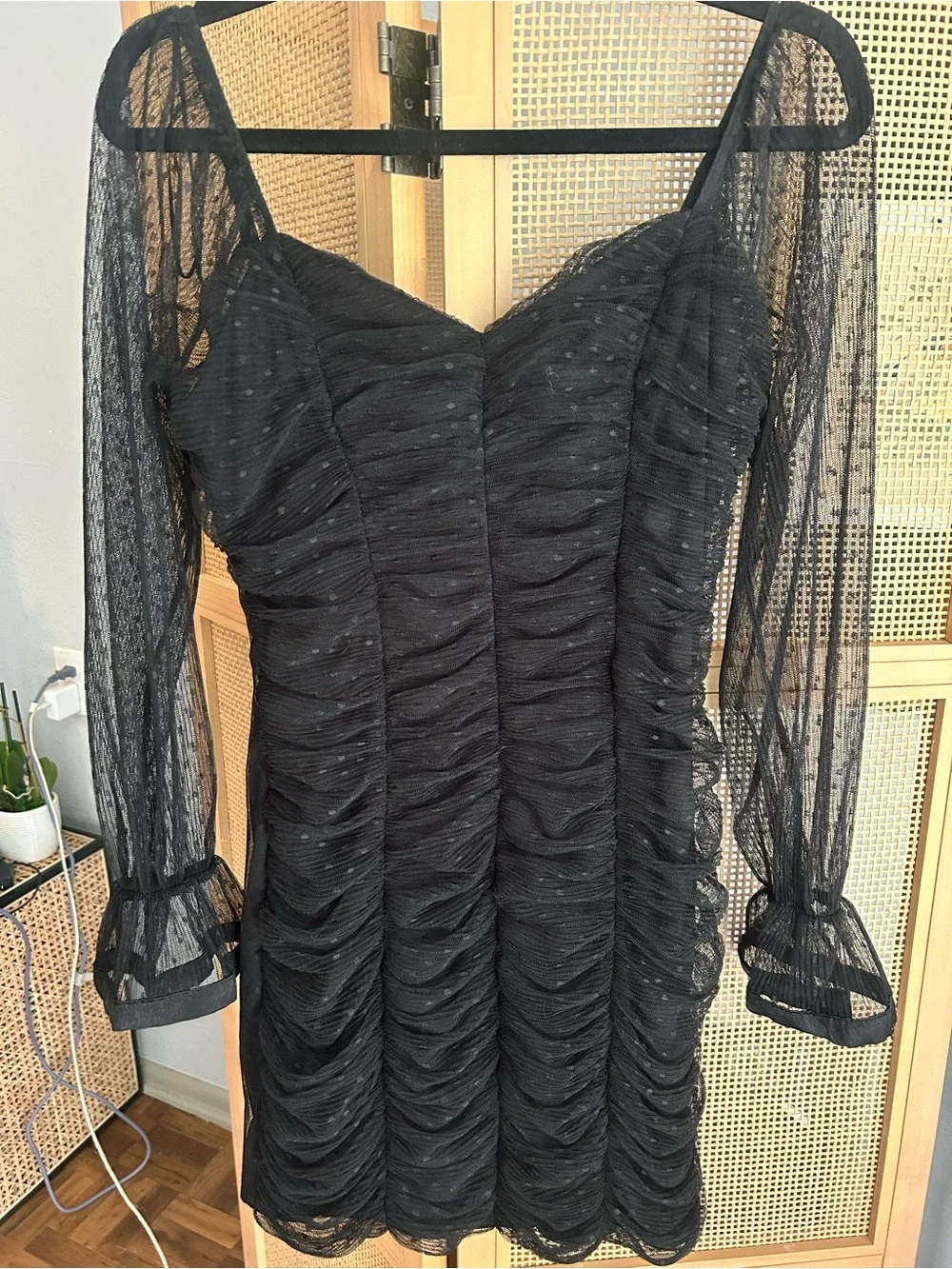 Haute Monde Black Ruched Mesh Mini Dress Sheer Sleeves Size L - Picture 3 of 6